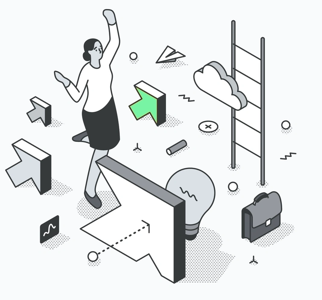 A static image of a woman celebrating towards success.