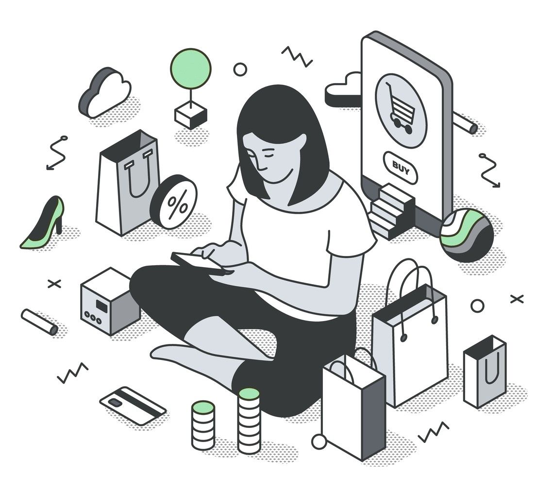 A static image of a woman paying off their loans and interests via mobile.