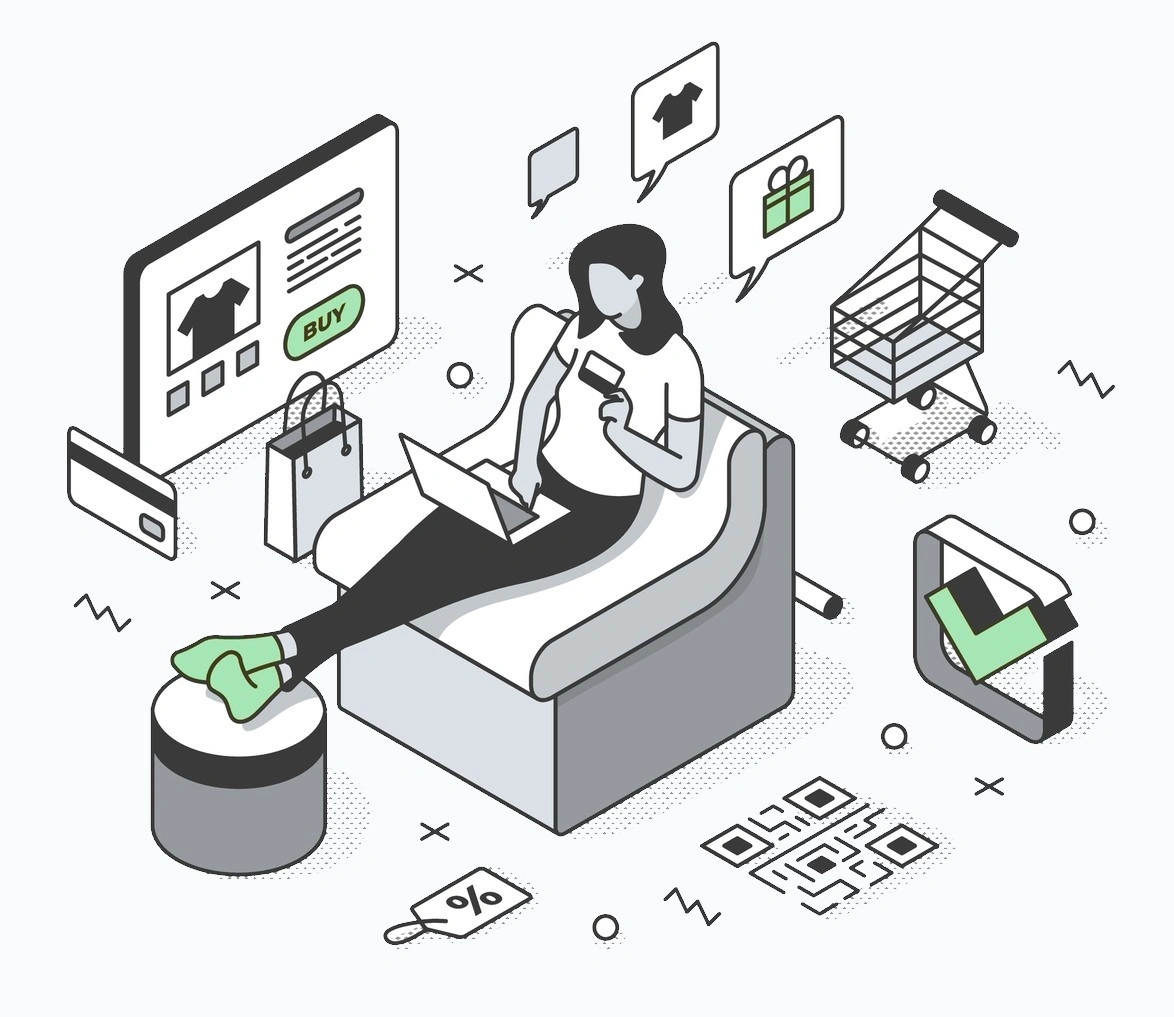 A static image of a woman resting at home and shopping online.